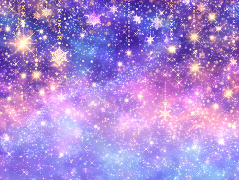 パープルとブルーが織りなす幻想的な宇宙風グラデーションに、きらめく雪の結晶と光の粒子を散りばめた華やかな背景素材
