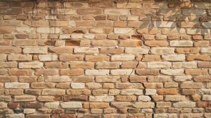 Obraz premium Brick wall features significant cracks zigzagging through the weathered masonry of an aged historic building facade.
