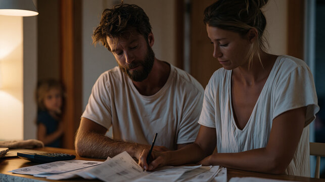 Bills fanned across kitchen table beside calculator and overdue notices, parents hunched in low voices after kids' bedtime, one child visible at hallway edge listening with wide