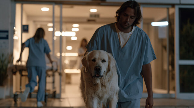 Exhausted couple carries a limping labrador through the automatic sliding doors of an emergency veterinary clinic at midnight, harsh fluorescent interior light spilling onto wet