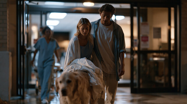 Exhausted couple carries a limping labrador through the automatic sliding doors of an emergency veterinary clinic at midnight, harsh fluorescent interior light spilling onto wet