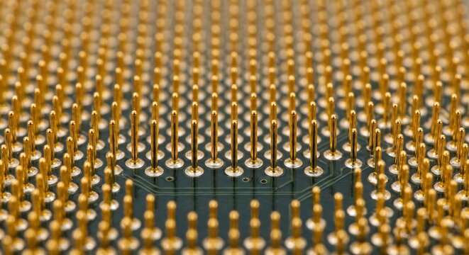 An extreme close-up of a microprocessor pin grid array with gold pins on a dark green circuit board