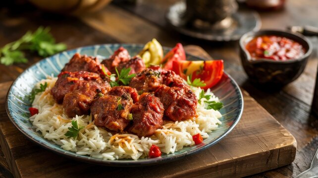 Lebanese cuisine. 
The traditional meat dish Dawood Basha. The dish is served on a pillow of rice. Garnish with fresh parsley and served with hot sauce.