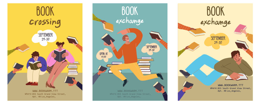 Book fair, exchange, festival vertical posters set. For educational events, World Book Day, Back to School concepts. Vector hand darwn illustration.