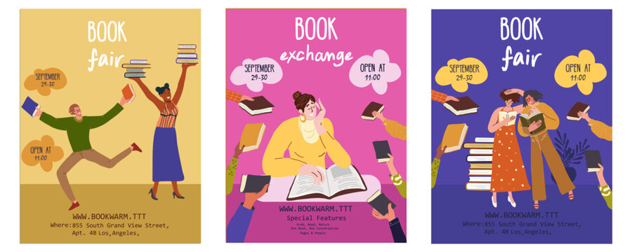 Book fair, exchange, festival vertical posters set. For educational events, World Book Day, Back to School concepts. Vector hand darwn illustration.