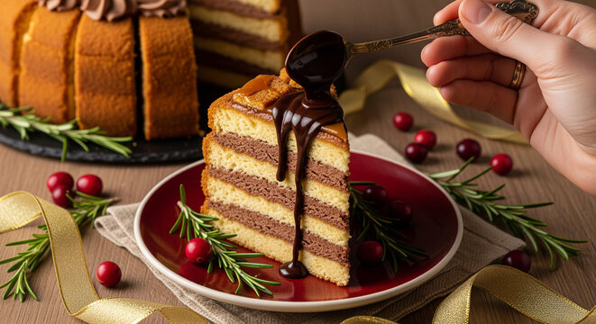 Holiday Dessert Styling with Layered Chocolate Cake or Hungarian Dobos Torta Slice with festive accents of Rosemary and Cranberries