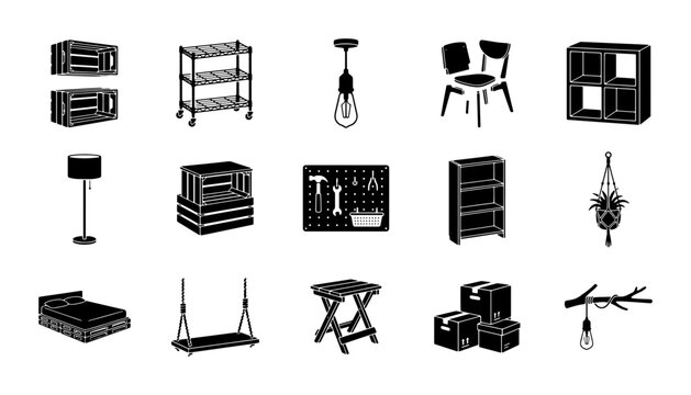 Minimalist home furniture icons set, black silhouette interior decor elements, 15 vector storage and organization symbols for house planning