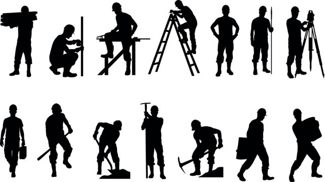 Construction worker silhouettes set featuring builders laborers engineers and contractors with tools and equipment on building site