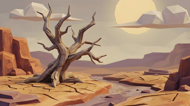 3d low poly render of dead tree on dry cracked desert land. Concept for drought climate change and global warming background.

