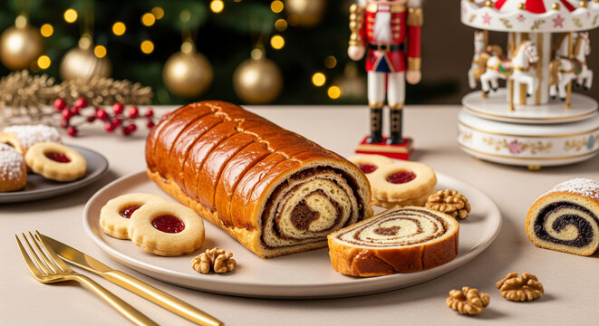 Traditional Hungarian Dios Bejgli Walnut Roll Slices for Christmas Dessert Buffet