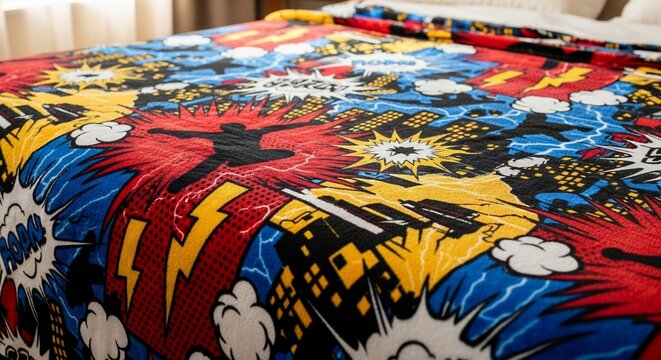 Colorful superhero comic book themed bed spread with action silhouettes and graphic sound effects in a modern bedroom setting