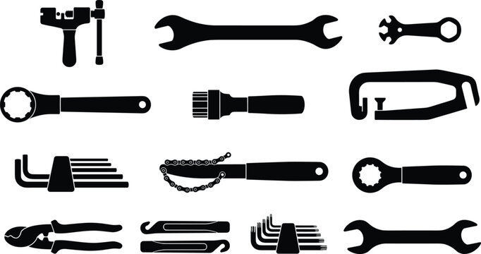 Professional bicycle repair mechanic workshop cycling maintenance drivetrain fixing assembly hand tools and bike hardware icons set