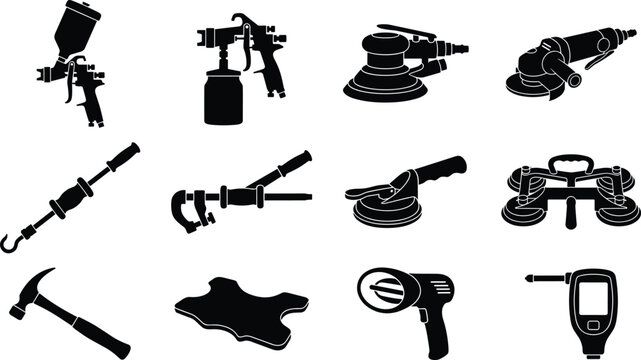 Professional auto body repair car painting garage workshop hardware dent pulling and refinishing tools icons set black silhouettes