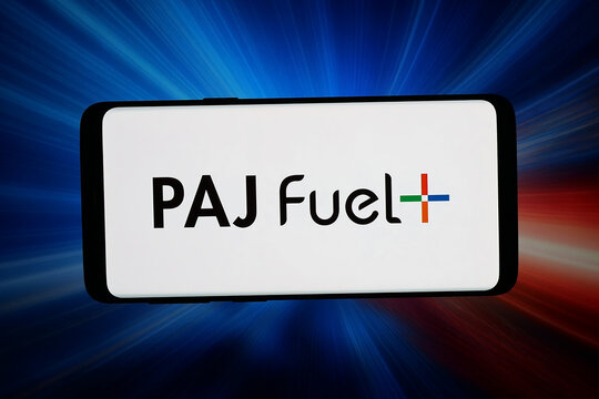 Stuttgart, Germany - 06-17-2026: In this photo illustration, the logo of Petroleum Association of Japan (PAJ Fuel) is displayed on a smartphone in front of abstract background on computer screen.