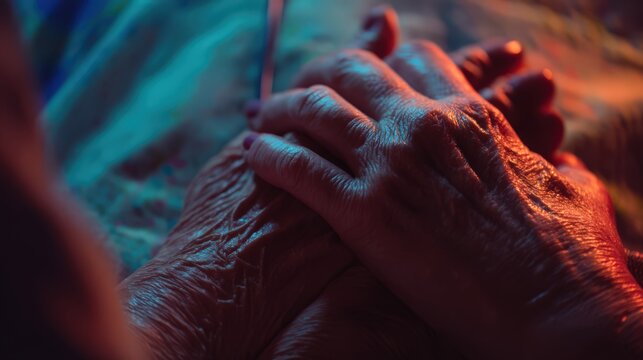 Aged Hands Close Up Warm Orange Cool Blue Lighting Tender Gesture Human Connection Portrait Photo