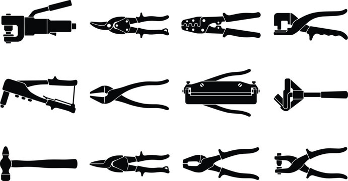 Professional sheet metal fabrication HVAC workshop manual punching bending crimping riveting and cutting hand tools icons set
