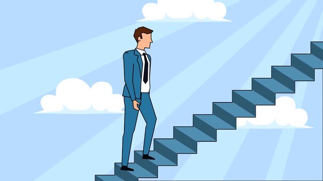 Businessman climbing stairs towards success in this professional motion video animation