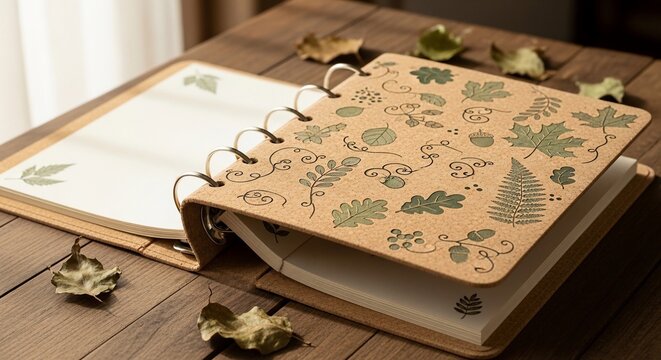 Beautifully designed, nature-themed scrapbook or journal with whimsical leaf and tree motifs on a wooden table, evoking a sense of creativity and personal expression