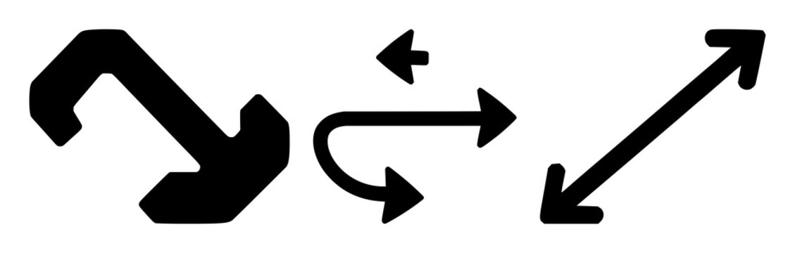 Solid black icon, white background: git branch merge arrow set with simple line art design featuring outline, illustration, graphic elements with clean design and vector art