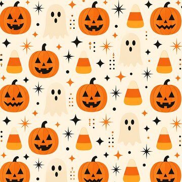 Cute Halloween Seamless Pattern with Spooky Ghosts, Jack O Lantern Pumpkins and Candy Corn on Cream Background