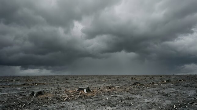 Vast deforested muddy land with tree stumps under dark stormy sky. Concept for climate change and environmental disaster.
