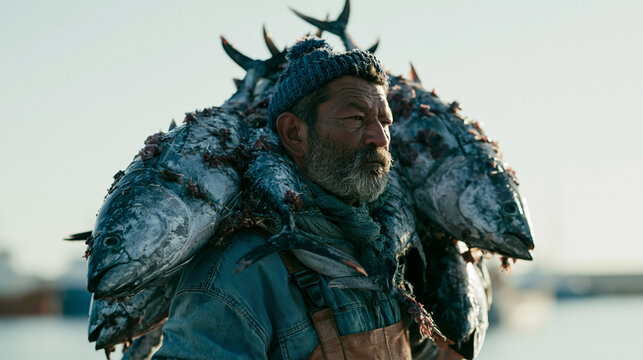 Man with a beard and mustache, wearing a blue beanie and a denim jacket. he is carrying a large fish on his back, which appears to be a tuna or mackerel.