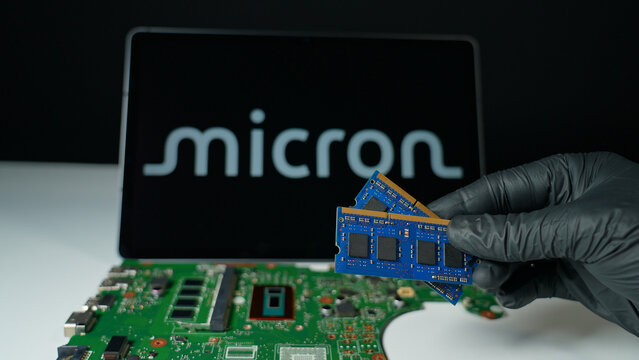 Display of Micron Technology background, American semiconductor company, produce DRAM dynamic random-access memory, flash memory, and solid state drives SSD : Toronto, Ontario, Canada - May 9, 2026