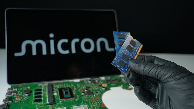 Display of Micron Technology background, American semiconductor company, produce DRAM dynamic random-access memory, flash memory, and solid state drives SSD : Toronto, Ontario, Canada - May 9, 2026