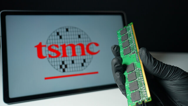 TSMC Taiwan Semiconductor Manufacturing Company display. World&rsquo;s largest semiconductor manufacturer. Produces advanced silicon used by tech Nvidia, Apple, AMD : Toronto, Ontario, Canada - May 9, 2026