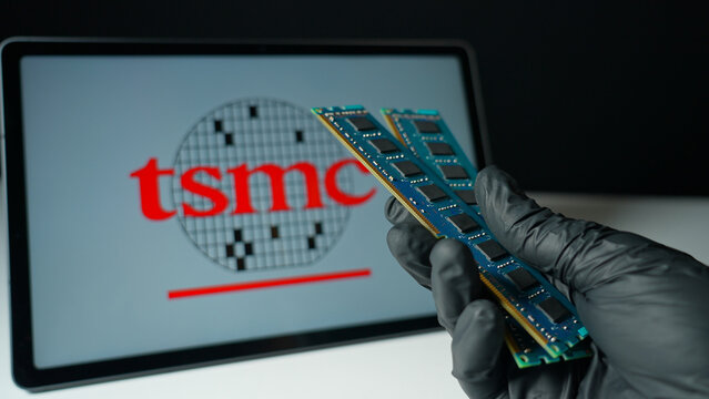TSMC Taiwan Semiconductor Manufacturing Company display. World&rsquo;s largest semiconductor manufacturer. Produces advanced silicon used by tech Nvidia, Apple, AMD : Toronto, Ontario, Canada - May 9, 2026