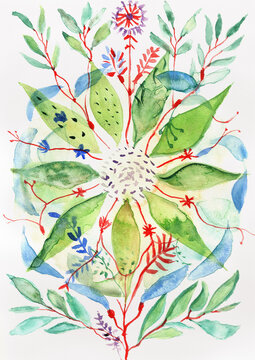 Radial Botanical Watercolor Mandala with Green Leaves, Red Stems and Blue Washes, Hand Painted Plant Burst