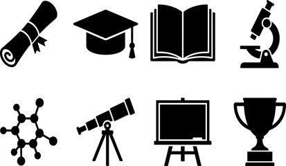 Fototapeta premium Black Silhouette Icons of Education, Science, Research, and Academic Achievement for Learning and Success Design