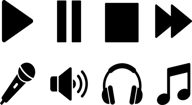 Black silhouette icons of media controls, audio recording, and music listening symbols