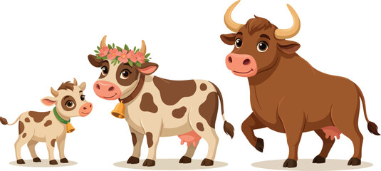 Obraz premium Cute Cartoon Cattle Family Vector Illustration with Cow Bull and Calf Characters for Children Book Design Kindergarten Decor and Livestock Farm Branding