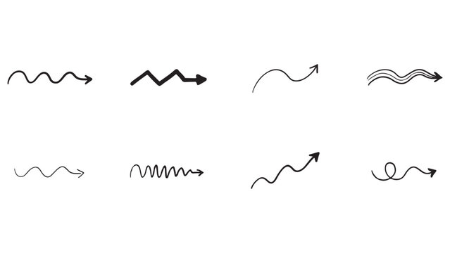 Selection of wavy and zigzag arrow doodles representing movement or progress hand sketched elements for charts graphs and web design presentation set.