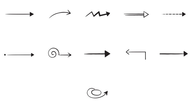 Assorted hand drawn directional arrows with unique styles for marking important notes or highlighting information in documents and creative layouts set.