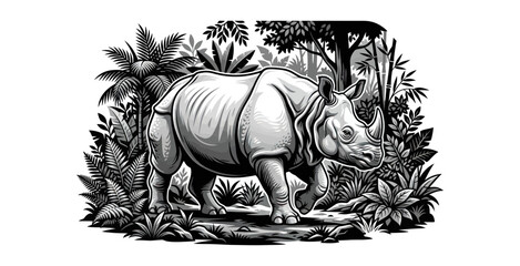Rhinoceros in Jungle Woodcut Vector Illustration © Nabilah