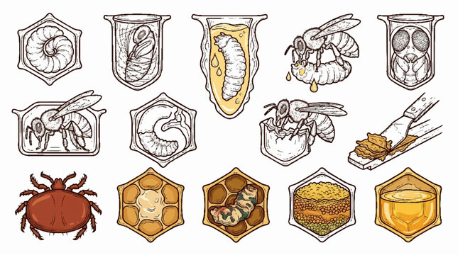 Hand drawn honey bee life cycle and beekeeping biological diagrams set.