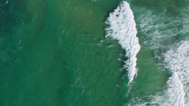 Overhead aerial view rotating to the right above surfers waiting in the lineup and breaking waves at Fingal Head in the Northern Rivers, New South Wales, Australia