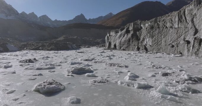 Ngozumpa Glacier Everest, Nepal, aerial orbiting the melting glacial ice and supraglacial ponds surrounded by rugged valley terrain beneath sunlit Himalayan mountain peaks on a bright day.