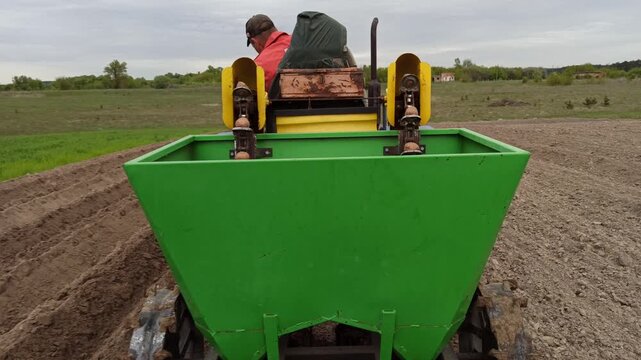 Tractor with potato planter machine working on agricultural field. Farmer operates machinery making rows in dry brown soil during spring planting season. Farm equipment forms furrows for vegetable cro