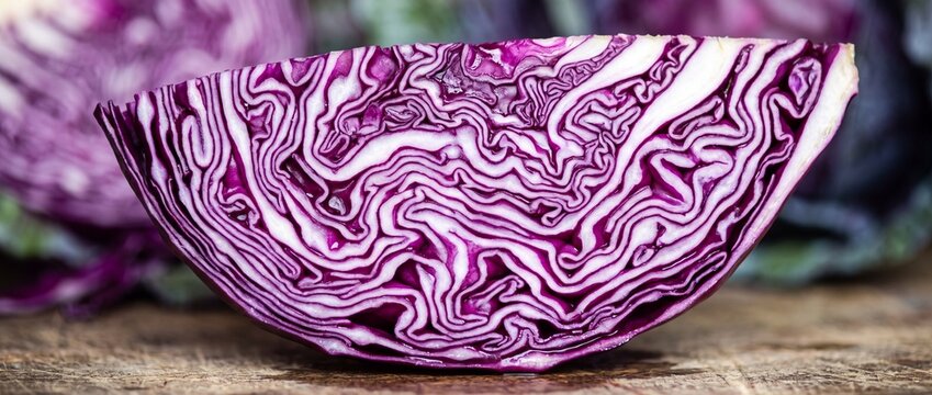 A detailed cross-section of red cabbage showing its beautiful intricate pattern of layered leaves and vibrant colors
