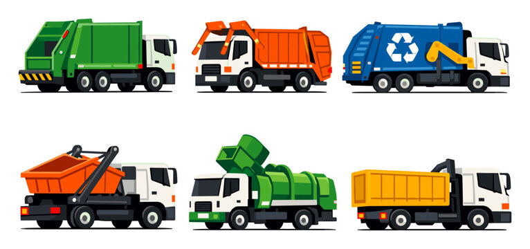 Garbage trucks of varied designs and colors collect refuse, recycle material, and handle waste disposal
