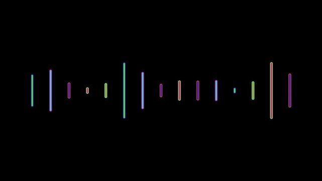 Minimalist gradient colour audio spectrum bars on black 4k background, abstract digital equalizer lines loop seamlessly, high quality music visualizer, sound wave animation, motion graphics display.