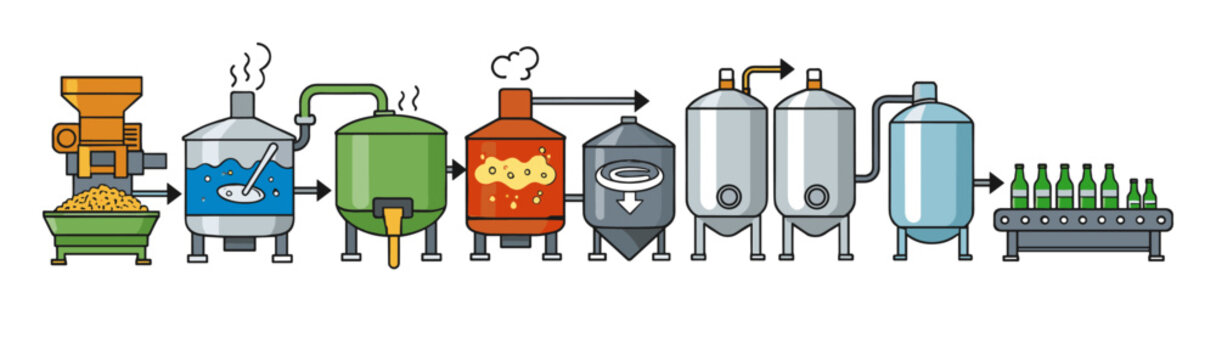 Craft beer production steps, illustrating the full brewing process with equipment like mash tun, fermenters, and bottlers
