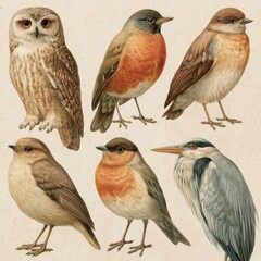 Fototapeta premium Retro bird illustrations display owls, robins, and herons in muted colors with a vintage style inspired by 1920s ornithology designs on paper.