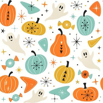 Retro Mid-Century Modern Halloween Seamless Pattern with Cute Ghosts, Colorful Pumpkins and Candies on White Background