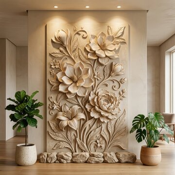 Large 3D floral bas relief wall art in living room.