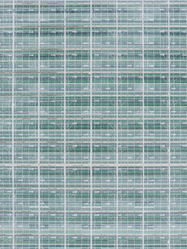 Aerial view of a large industrial greenhouse with a grid of glass panels and metal framing over green crops in Rumbula, Ropazi Municipality, Latvia.