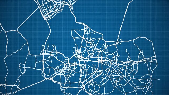 Ink reveal animation of Virginia Beach city, Virginia (VA), United States of America, grid map. Aerial top view. Blueprint style. White lines with blue background. 4K Seamless loop.